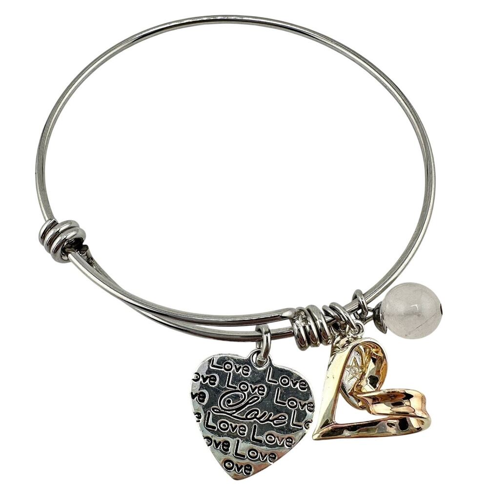 Love Heart Charms Quartz Bead Gold Tone Accent Silver Tone Bangle 7” Bracelet